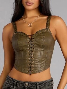 Windsor Olive Lace-Up Faux Leather Corset Top